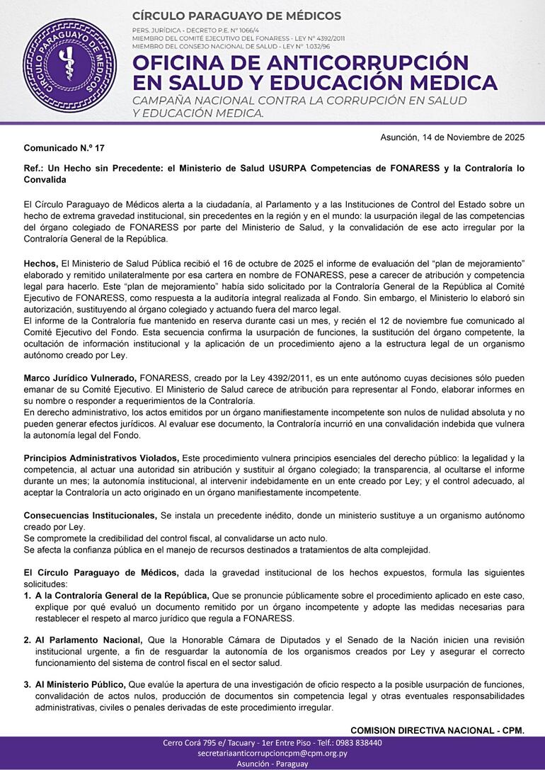 Comunicado sobre Fonaress del Círculo Paraguayo de Médicos, emitido hoy 14 de noviembre.