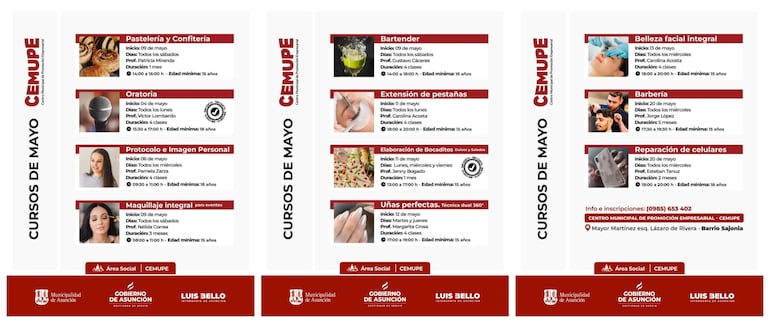 Diseño gráfico informativo sobre diversos cursos ofrecidos, con fechas, duración y requisitos de edad mínima.