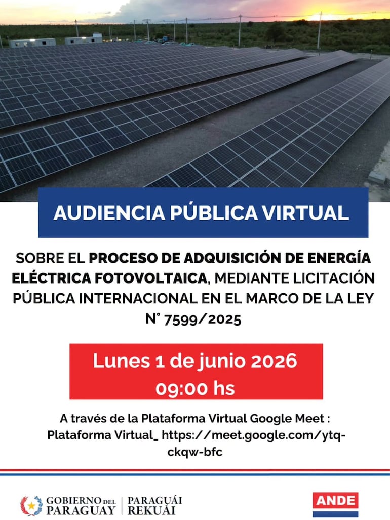 Licitación de planta solar: ANDE convoca a audiencia pública virtual para comprar energía fotovoltaica