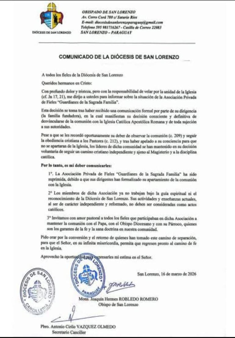 El documento emitido por el Obispado de San Lorenzo.