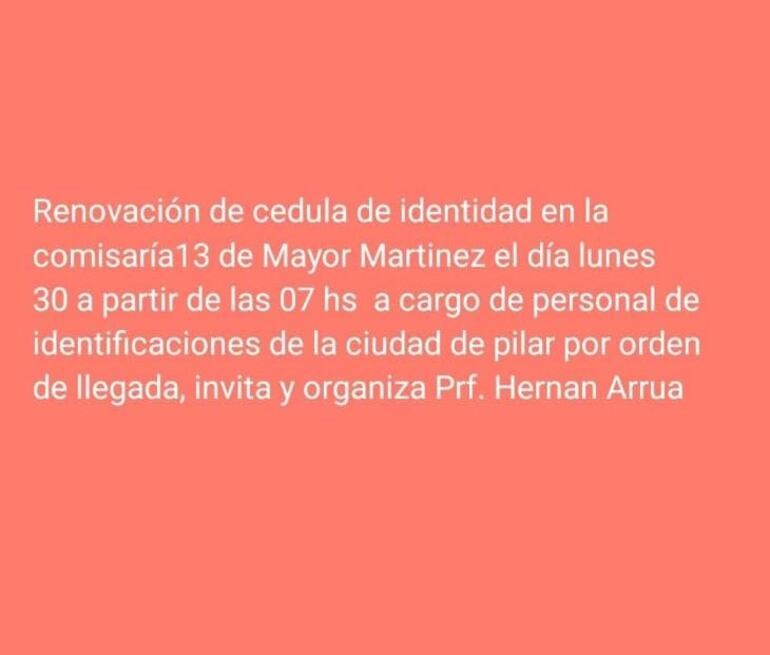 Invitación que circula en redes sociales, en la que se indica que el precandidato colorado Hernán Arrúa organiza la actividad de renovación de cédulas.