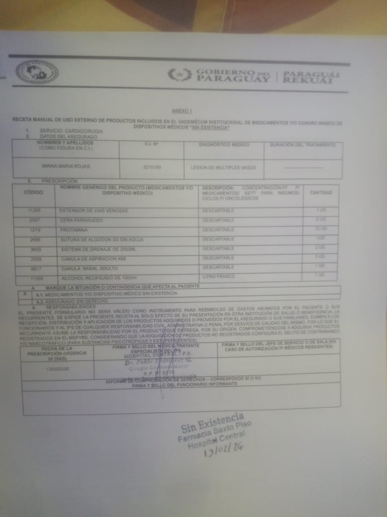 Parte de la lista de insumos que están sin existencia en IPS y que piden para realizar una cirugía.