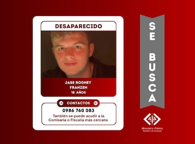 Cartel de búsqueda con foto de Jase Rodney Franzen, fondo rojo y texto en letras blancas, incluyendo información de contacto.