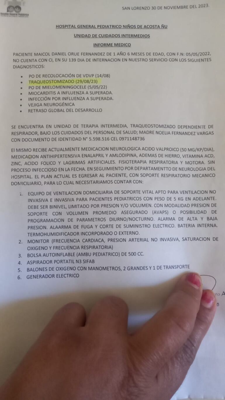 Informe médico de Maicol Daniel, internado en el Hospital Acosta Ñu.