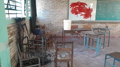 Una de las salas de la escuela y colegio San Agustín del barrio Cerrito de la ciudad de San Antonio atacada y quemada por adictos.