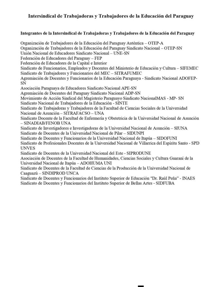 Integrantes de la intersindical de Trabajadoras y Trabajadores de la Educación del Paraguay.