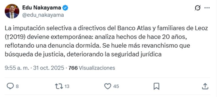 El senador del Partido de la Libertad, Eduardo Nakayama, dice que la imputación contra los directivos del Banco Atlas es "selectiva", extemporánea, huele a revanchismo y deteriora la seguridad jurídica del país.