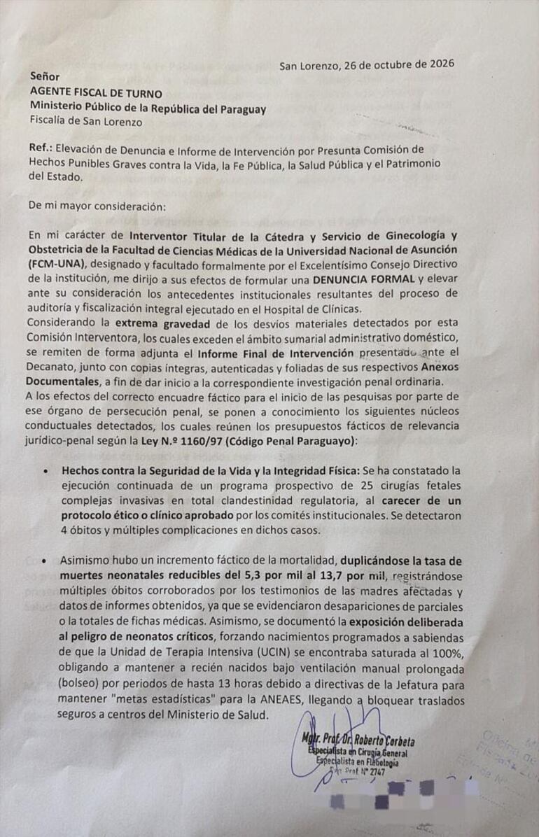 Documento presentado por el interventor el Prof. Dr. Roberto Corbeta Bizozzero ante irregularidades denunciadas en la Cátedra y Servicio de Gineco-Obstetricia del Hospital de Clínicas de la Facultad de Ciencias Médicas de la UNA.