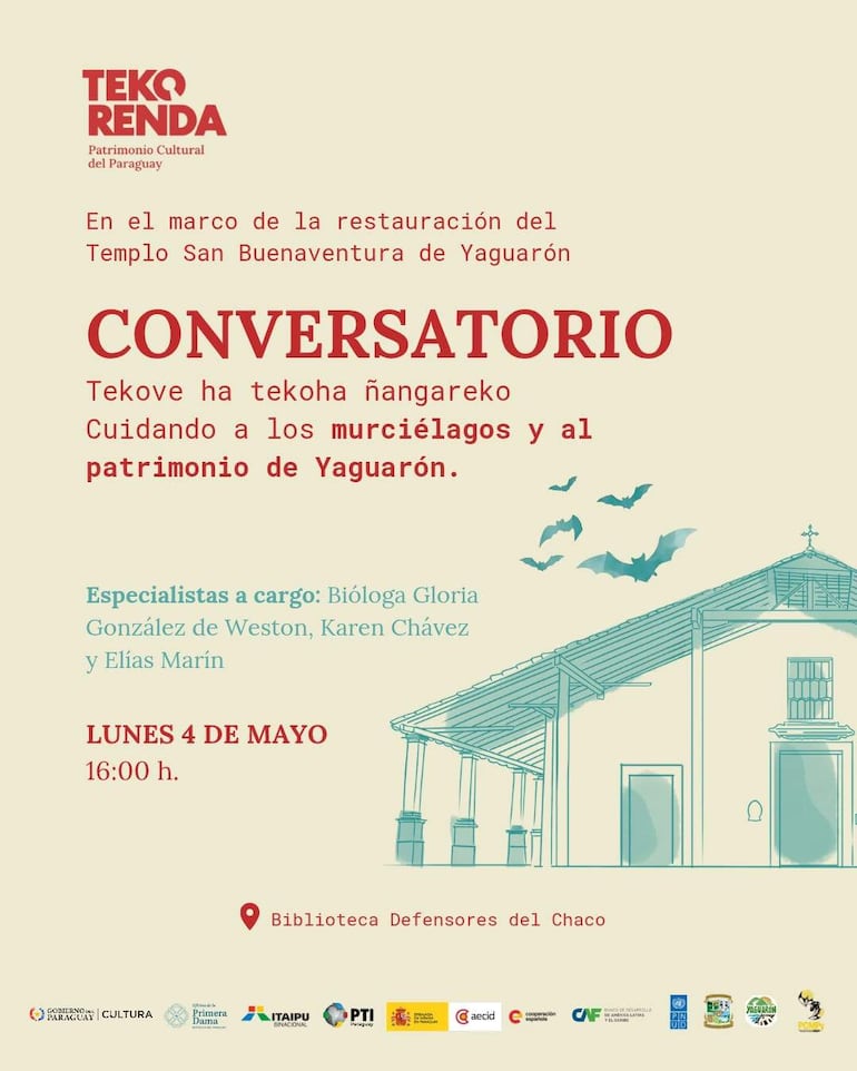Cartel informativo con ilustración del Templo San Buenaventura y detalles del conversatorio sobre murciélagos.