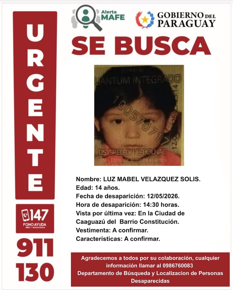 Alerta MAFE difundida este 14 de mayo para buscar a Luz Mabel Velázquez.