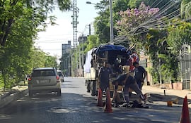 Funcionarios de la Essap trabajan sobre la avenida Santísima Trinidad, en Asunción, el lunes.