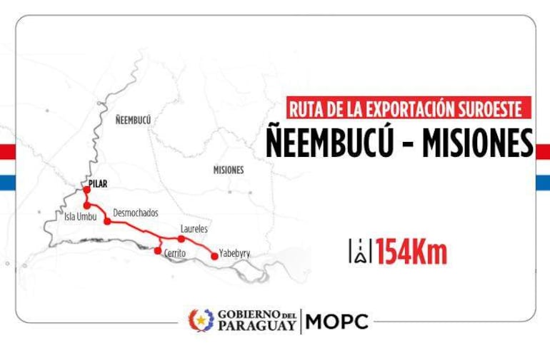 Mapa de la 'Ruta de la Exportación Suroeste' entre Ñeembucú y Misiones, destacando localidades y el logo del MOPC.