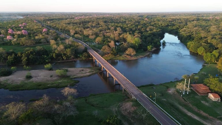 Puente central rodeado de lapachos en flor y vegetación densa en un paisaje natural.