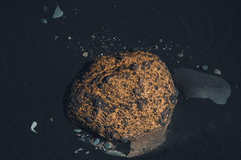 Personas reunidas en una mesa frente al mar, rodeados de naturaleza, con pan y comida sobre la mesa.