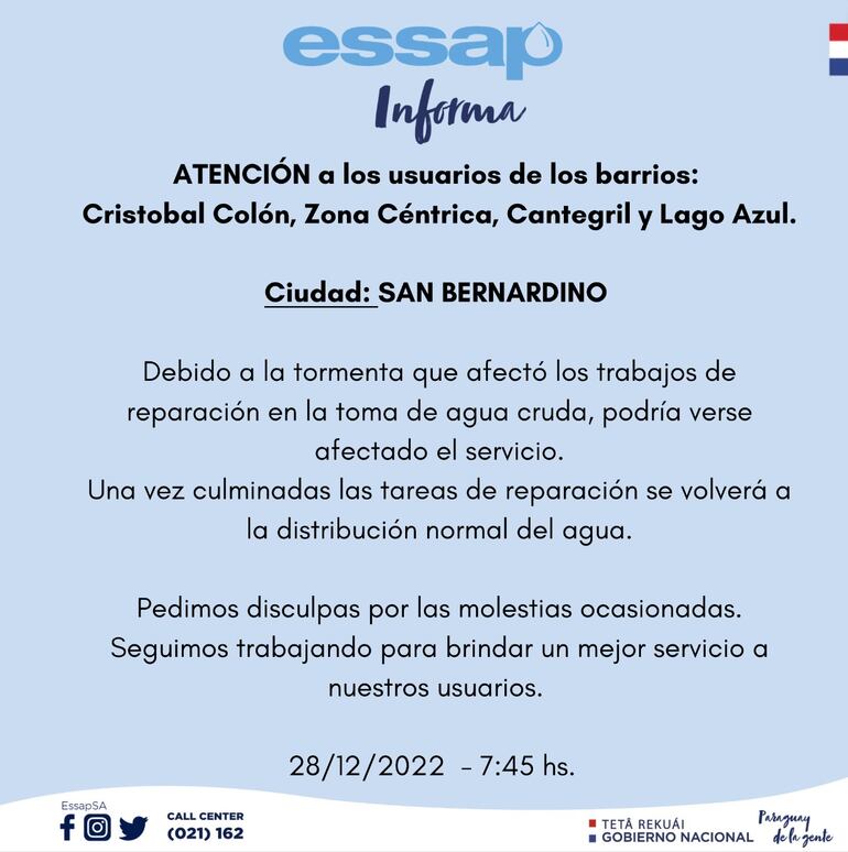 Anuncio de la Essap sobre el servicio de agua en San Bernardino