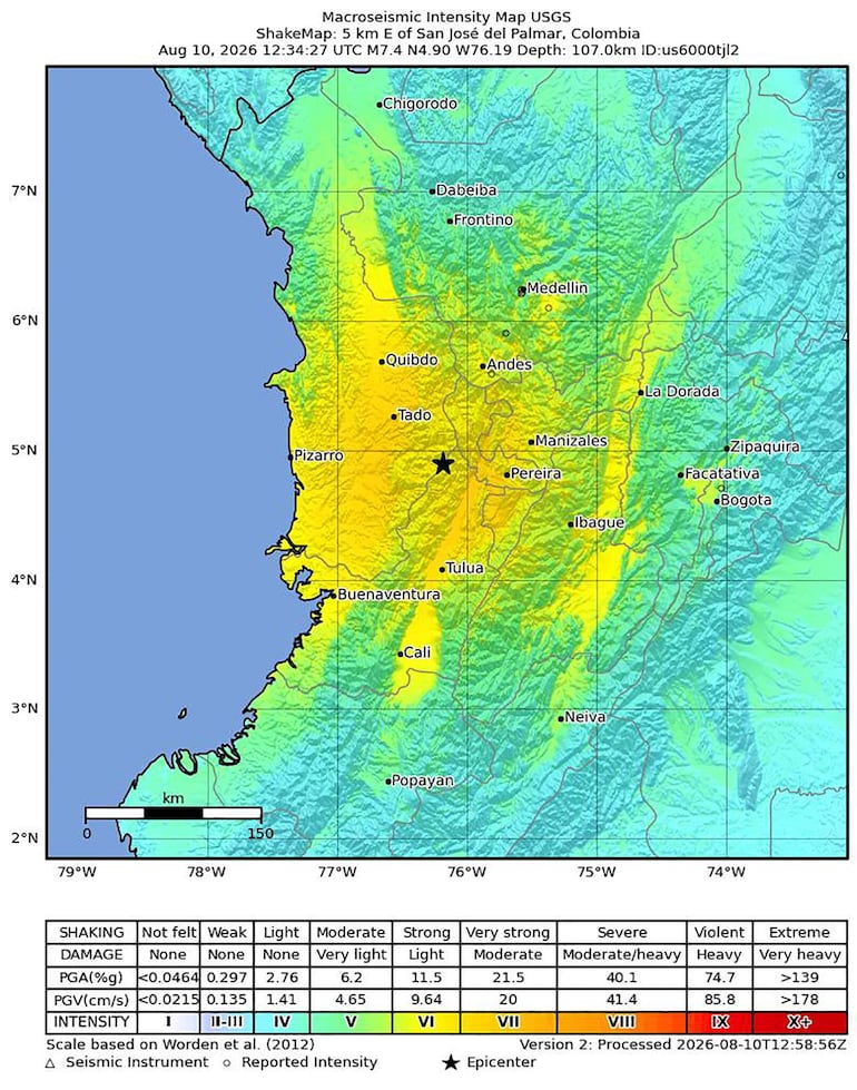 Un mapa de intensidad sísmica facilitado por el Servicio Geológico de Estados Unidos (USGS) muestra la ubicación de un terremoto de magnitud 7,4 que sacudió el oeste de Colombia el 10 de agosto de 2026. El epicentro del sismo se registró en San José del Palmar, en el departamento del Chocó, a una profundidad de 107 kilómetros, según informó el USGS