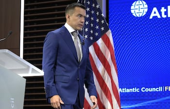 El Presidente de Ecuador, Daniel Noboa, asiste a un evento hoy, en el centro de pensamiento Atlantic Council en Washington (Estados Unidos).