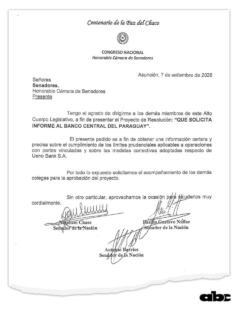 Documento oficial del Congreso Nacional fechado el 7 de septiembre de 2026, con firmas de senadores y texto administrativo.