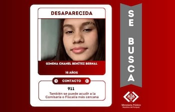 Cartel de búsqueda con foto de Gimena Chanel Benítez Bernal, 16 años, y detalles de contacto en fondo rojo.