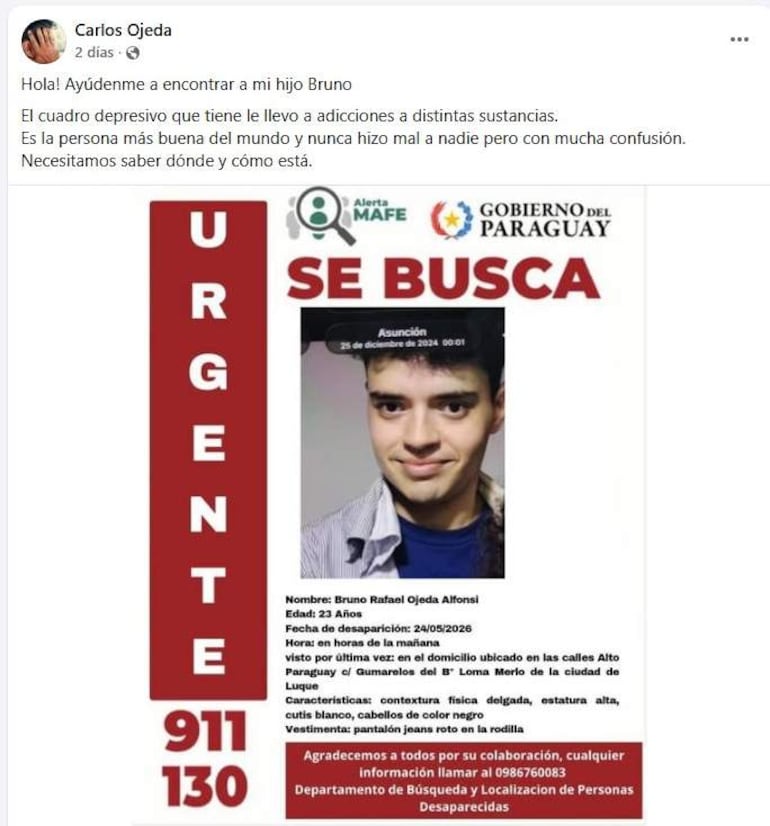 Cartel de búsqueda con foto de Bruno Ojeda, 23 años, detalles de su desaparición y números de contacto.