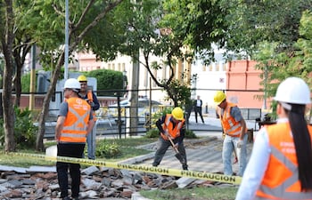 Cinco trabajadores en construcción, usando cascos y chalecos naranjas, rodeados de árboles y escombros.