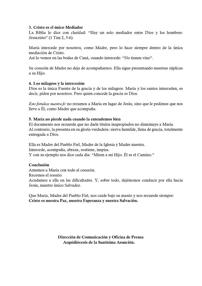 Conclusión de la nota de la Arquidiócesis de Asunción sobre el papel de María en la Iglesia.
