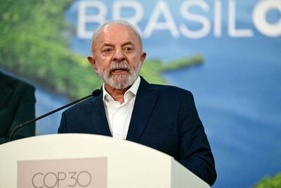 El presidente de Brasil, Luiz Inacio Lula da Silva, habla durante una conferencia de prensa en la COP30.