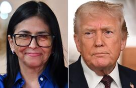 Esta combinación de imágenes, creada el 14 de enero de 2026, muestra a la presidenta interina de Venezuela, Delcy Rodríguez, saludando tras una conferencia de prensa en el Palacio Presidencial de Miraflores en Caracas el 14 de enero de 2026, y al presidente estadounidense, Donald Trump, hablando con la prensa a bordo del Air Force One el 11 de enero de 2026.