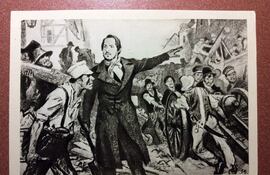 Friedrich Engels dirigiendo la construcción de una barricada en las calles de Elberfeld durante los disturbios de mayo de 1849 en Prusia. Postal soviética de 1966.