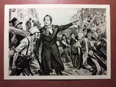 Friedrich Engels dirigiendo la construcción de una barricada en las calles de Elberfeld durante los disturbios de mayo de 1849 en Prusia. Postal soviética de 1966.