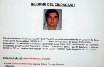 Ficha policial del ahora fallecido Marcelo Ramón Díaz Franco.