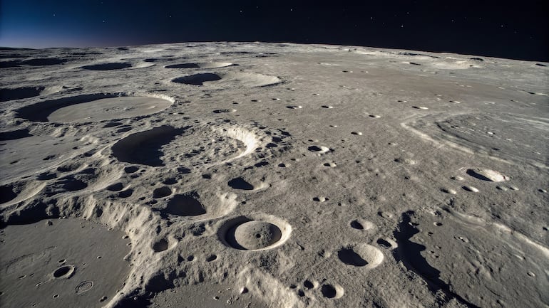 Superficie lunar con cámara de alta tecnología.
