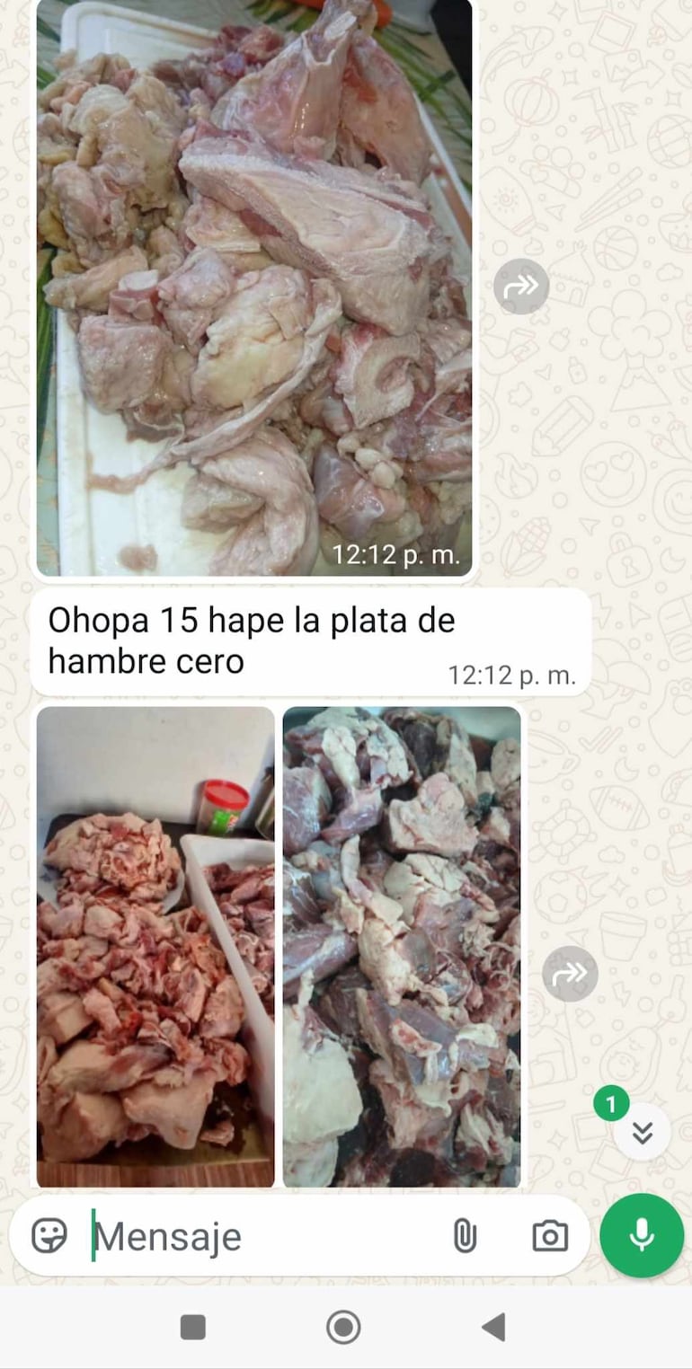 Imágenes de carne de mala calidad, que llegó a las escuelas de Concepción en el marco de Hambre Cero. "Se fue (gastó) en el 15 la plata de Hambre Cero", comentan en un grupo de whatsapp de docentes de la zona.