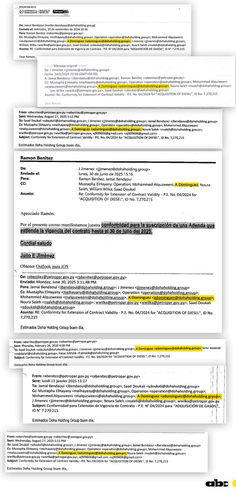 Correo electrónico mostrando comunicaciones sobre contrato de gasoil entre distintas personas. Sin personas visibles.