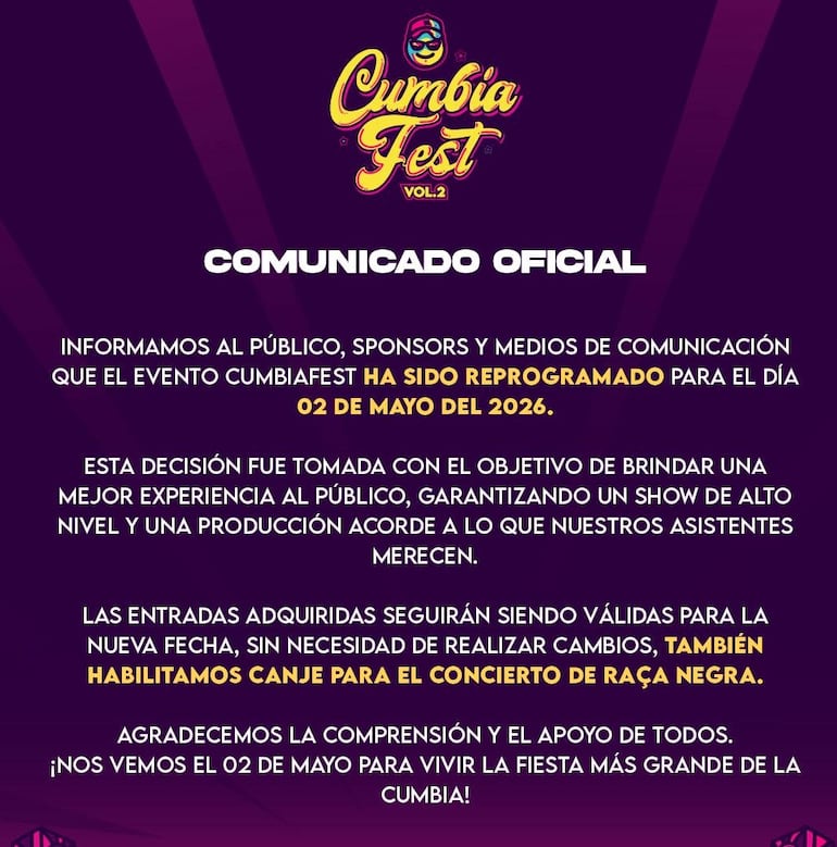 Imagen del comunicado publicado por la productora RPM anunciando la postergación del Cumbia Fest Vol. 2.