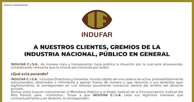 Comunicado de INDUFAR C.I.S.A.