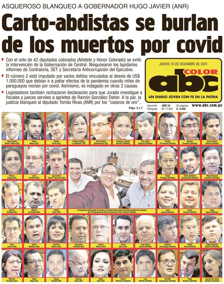 Tapa de ABC del 16 de diciembre de 2021 en la cual dejaba en evidencia a los blanqueadores de Gonzále