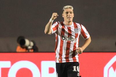 Benjamín Rollheiser de Estudiantes celebra su gol hoy, en un partido de los octavos de final de la Copa Sudamericana entre Goias y Estudiantes en el estadio da Serrinha en Goiania (Brasil).