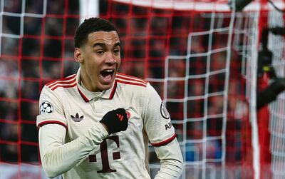 MUNICH (Germany), 05/03/2025.- Jamal Musiala of Bayern (R) celebrates after scoring the 2-0 goal during the UEFA Champions League Round of 16, 1st leg soccer match between FC Bayern Munich and Bayer 04 Leverkusen, in Munich, Germany, 05 March 2025. (Liga de Campeones, Alemania) EFE/EPA/ANNA SZILAGYI