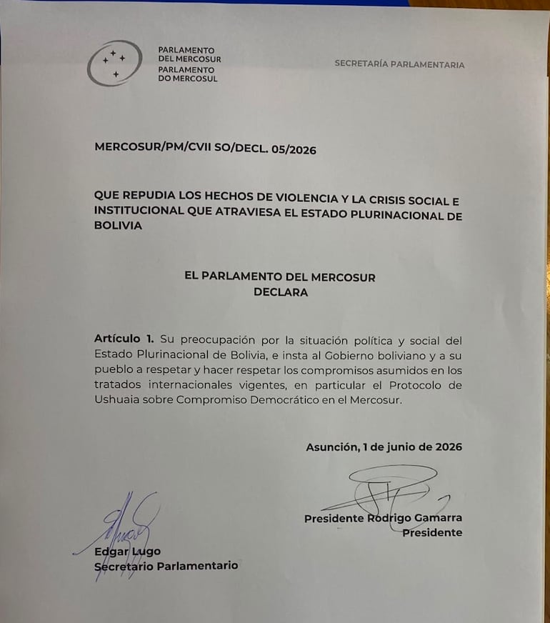 Declaración oficial del Parlasur sobre la situación en Bolivia.