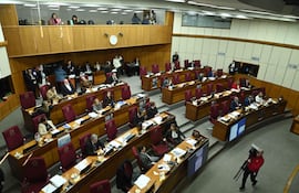 Walter Janusz y Lourdes Cabrera, ambos con expresiones tranquilas, en un recinto legislativo con mesas y botellas de agua.
