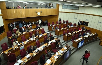 Walter Janusz y Lourdes Cabrera, ambos con expresiones tranquilas, en un recinto legislativo con mesas y botellas de agua.
