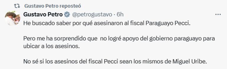 Publicación del presidente colombiano, Gustavo Petro, en su perfil de X.