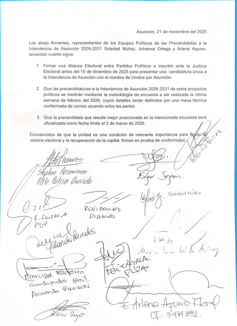 Documento firmado por las precandidatas de la oposición a la intendencia de Asunción.