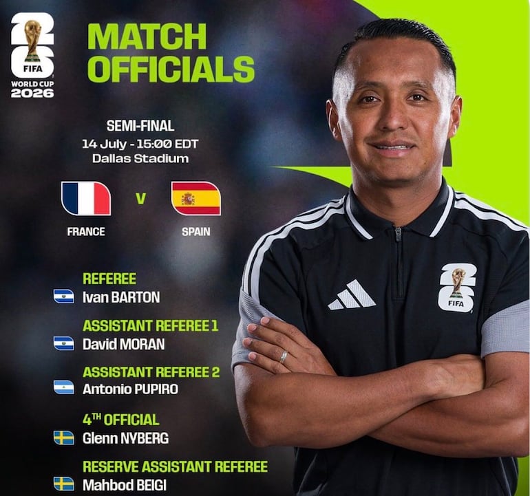 El equipo arbitral que tendrá a su cargo la conducción del partido de semifinales entre Francia y España, liderado por el salvadoreño Iván Barton.