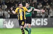 Diego Fernández, jugador de Guaraní, festeja un gol en el partido frente a Libertad por la fecha 3 del torneo Clausura 2026 en el estadio Luis Alfonso Giagni, en Villa Elisa, Paraguay.