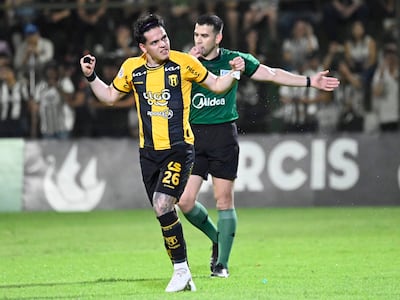 Diego Fernández, jugador de Guaraní, festeja un gol en el partido frente a Libertad por la fecha 3 del torneo Clausura 2026 en el estadio Luis Alfonso Giagni, en Villa Elisa, Paraguay.