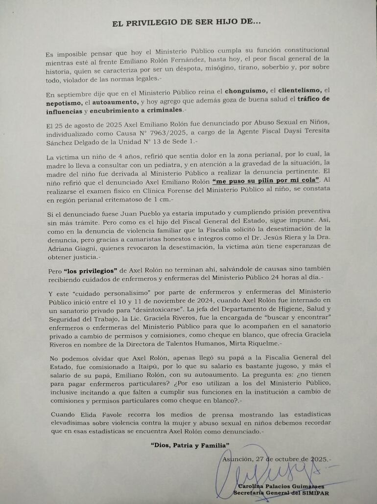 El comunicado de la secretaria general del Sindicato del Ministerio Público de la República del Paraguay (Simipar), Carolina Palacios Guimaraes.