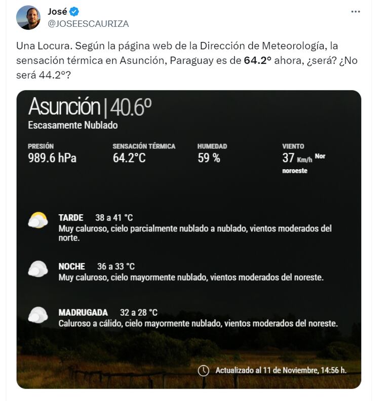 Tweet de José Escauriza sobre la sensación térmica de 60° que marcaba en la página web de meteorología entre las 14:00 y 15:00 de este sábado.