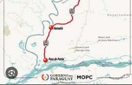 En el mapa presentado por el MOPC, se encuentra pintado en rojo el tramo que será pavimentado, con una longitud total de 58,6 km.